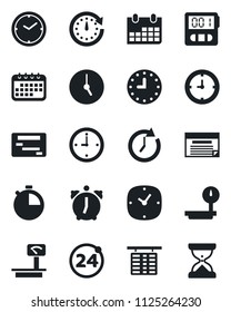 Set of vector isolated black icon - 24 around vector, flight table, calendar, clock, heavy scales, alarm, stopwatch, schedule, sand