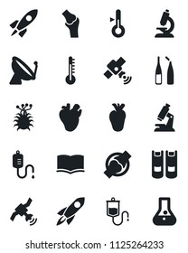 Set of vector isolated black icon - satellite antenna vector, book, dropper, microscope, ampoule, real heart, joint, virus, thermometer, rocket, flask
