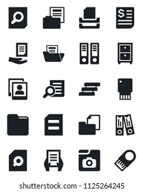 Set of vector isolated black icon - office binder vector, document search, receipt, folder, photo gallery, paper tray, archive box, usb flash