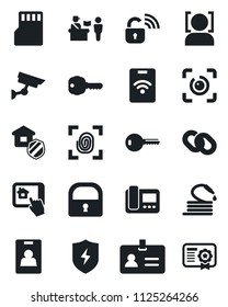 Set of vector isolated black icon - passport control vector, identity, hose, chain, protect, sd, lock, face id, eye, card, key, estate insurance, fingerprint, wireless, intercome, home app, pass