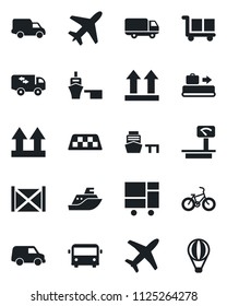 Set of vector isolated black icon - plane vector, taxi, baggage conveyor, airport bus, bike, sea shipping, car delivery, port, container, consolidated cargo, up side sign, heavy scales, moving