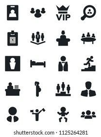 Set of vector isolated black icon - dispatcher vector, male, vip, baby, reception, bed, pedestal, meeting, pregnancy, client, group, identity card, manager desk, career ladder, company, search
