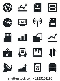 Set of vector isolated black icon - antenna vector, satellite, bomb in case, growth statistic, document, reload, diagnosis, folder, scanner, sd, network, data exchange, monitor statistics, bar graph