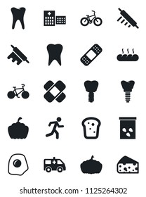 Set of vector isolated black icon - pumpkin vector, seeds, patch, ambulance car, bike, run, tooth, implant, hospital, bread, rolling pin, omelette, cheese