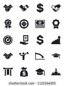 Set of vector isolated black icon - dispatcher vector, handshake, growth statistic, dollar sign, medal, graduate, money bag, document, cash, sertificate, target, pennon, crisis, pedestal