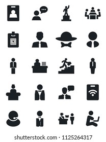 Set of vector isolated black icon - passport control vector, reception, manager, pedestal, support, speaker, identity card, desk, meeting, career ladder, estate agent, waiter, dress code, pass