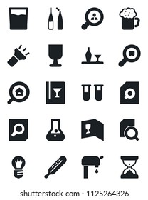 Set of vector isolated black icon - document search vector, bulb, blood test vial, thermometer, ampoule, fragile, cargo, torch, water supply, estate, client, alcohol, wine card, drink, beer, flask