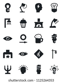 Set of vector isolated black icon - brainstorm vector, bulb, garden light, eye, brightness, desk lamp, fireplace, beer, candle, smoke detector, energy saving, outdoor, shining head, idea