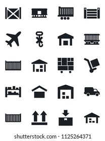 Set of vector isolated black icon - plane vector, railroad, truck trailer, cargo container, car delivery, consolidated, warehouse storage, up side sign, no hook, package, rack