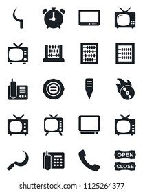 Set of vector isolated black icon - alarm clock vector, tv, abacus, stamp, sickle, plant label, flame disk, radio phone, call, office, open close