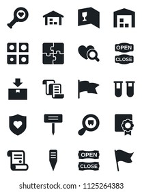 Set of vector isolated black icon - contract vector, plant label, blood test vial, heart diagnostic, shield, package, search cargo, application, sertificate, warehouse, wine card, open close, flag