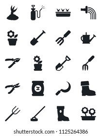 Set of vector isolated black icon - flower in pot vector, garden fork, shovel, farm, watering can, sproute, pruner, boot, seedling, hoe, sickle, sprayer, fertilizer