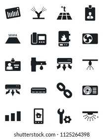 Set of vector isolated black icon - identity card vector, drip irrigation, sorting, barcode, chain, root setup, air conditioner, water heater, intercome, home control app, warm floor, sprinkler