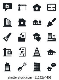 Set of vector isolated black icon - barrier vector, border cone, airport building, office, trowel, shovel, saw, house, with garage, tree, plan, estate document, sweet home, city, crane, message
