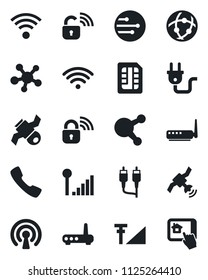 Set of vector isolated black icon - satellite vector, share, rca, call, sim, network, cellular signal, wireless, power plug, lock, router, home control app