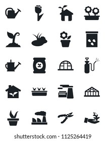 Set of vector isolated black icon - factory vector, flower in pot, seedling, watering can, sproute, pruner, greenhouse, seeds, pond, garden sprayer, fertilizer, tulip, eco house, palm