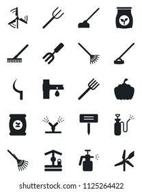 Set of vector isolated black icon - garden fork vector, farm, rake, well, hoe, sickle, plant label, pumpkin, sprayer, fertilizer, drip irrigation, windmill