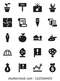 Set of vector isolated black icon - bomb in case vector, manager, contract, seedling, plant label, greenhouse, important flag, application, point graph, house with tree, pond, fruit, apple