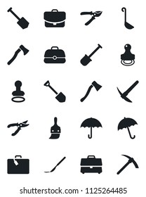 Set of vector isolated black icon - suitcase vector, umbrella, stamp, job, shovel, pruner, axe, scalpel, themes, case, ladle, hard work