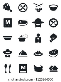 Set of vector isolated black icon - spoon and fork vector, waiter, dish, serviette, cafe, menu, dress code, chicken, steak, ham, bowl, steaming pan, sushi