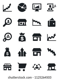 Set of vector isolated black icon - shop vector, money bag, crisis graph, store, monitor statistics, pie, hr, consumer search, arrow up, wallet, growth, cart, storefront
