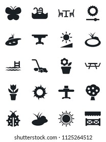 Set of vector isolated black icon - cafe vector, sun, flower in pot, lawn mower, butterfly, lady bug, pond, picnic table, brightness, pool, fruit tree, restaurant, alcove