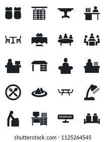 Set of vector isolated black icon - cafe vector, baby room, reception, flight table, desk, meeting, manager place, picnic, lamp, restaurant, serviette, reserved, salt and pepper