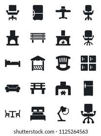 Set of vector isolated black icon - cafe vector, bed, checkroom, office chair, bench, fireplace, desk lamp, bedroom, children room, cushioned furniture, restaurant table, alcove, fridge