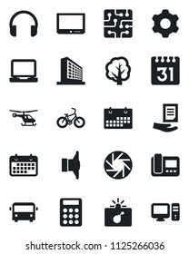Set of vector isolated black icon - airport bus vector, bomb in case, helicopter, office building, document, tree, bike, term, speaker, tv, headphones, laptop pc, mobile camera, settings, calendar