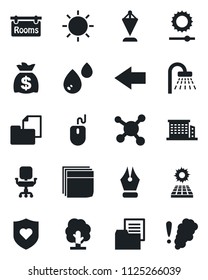Set of vector isolated black icon - shower vector, left arrow, pennant, mouse, money bag, tree, sun, heart shield, molecule, folder document, brightness, ink pen, office chair, blank box, panel