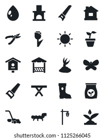 Set of vector isolated black icon - seedling vector, sproute, pruner, boot, saw, lawn mower, butterfly, house, water drop, sun, garden light, fireplace, caterpillar, picnic table, bird, fertilizer