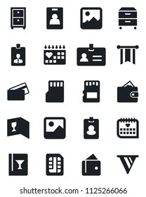 Set of vector isolated black icon - identity vector, card, medical calendar, gallery, sd, sim, archive box, wine, credit, pass, wallet, pennon
