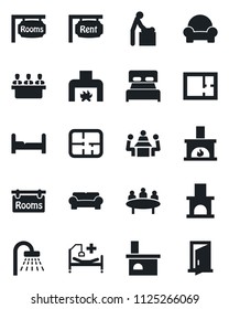 Set of vector isolated black icon - baby room vector, shower, meeting, fireplace, hospital bed, plan, rent, rooms, bedroom, cushioned furniture, door