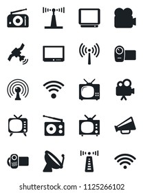 Set of vector isolated black icon - antenna vector, satellite, radio, loudspeaker, tv, video camera, wireless