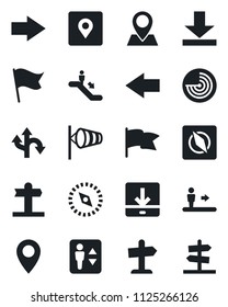 Set of vector isolated black icon - elevator vector, escalator, right arrow, left, wind, radar, route, signpost, pin, download, place tag, compass, flag, guidepost