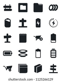 Set of vector isolated black icon - signpost vector, notepad, wheelbarrow, battery, low, folder, charge, blank box, plates, guidepost