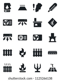 Set of vector isolated black icon - fire vector, fireplace, thermometer, heater, air conditioner, candle, water, smoke detector, radiator, warm floor