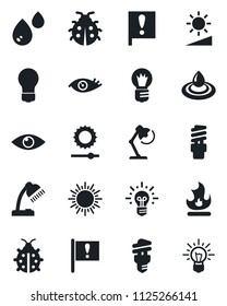 Set of vector isolated black icon - sun vector, bulb, lady bug, fire, eye, important flag, brightness, desk lamp, water, energy saving, idea