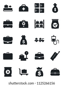 Set of vector isolated black icon - suitcase vector, baggage conveyor, trolley, larry, luggage storage, scales, checkroom, case, money bag, fertilizer, doctor, dropper