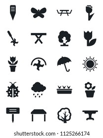 Set of vector isolated black icon - umbrella vector, sun, flower in pot, ripper, tree, butterfly, lady bug, seedling, rain, plant label, picnic table, tulip