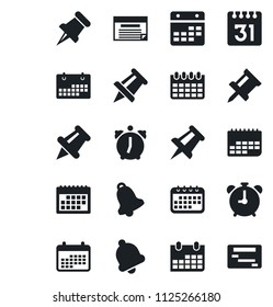 Set of vector isolated black icon - alarm clock vector, drawing pin, calendar, term, paper, bell, schedule