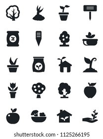 Set of vector isolated black icon - flower in pot vector, seedling, tree, sproute, plant label, fertilizer, fruit, salad, apple, eco house, palm