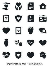 Set of vector isolated black icon - heart vector, pulse, diagnosis, blood pressure, diagnostic, shield, hand, real, medical calendar, clipboard, sweet home