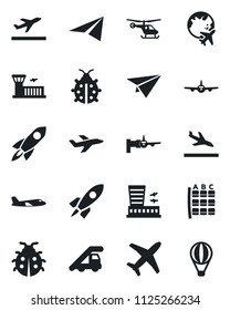 Set of vector isolated black icon - departure vector, arrival, ladder car, plane, boarding, helicopter, seat map, globe, airport building, lady bug, rocket, paper, air balloon