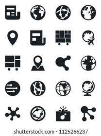 Set of vector isolated black icon - bomb in case vector, globe, plane, earth, pin, consolidated cargo, network, share, news, social media