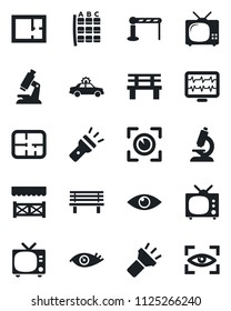 Set of vector isolated black icon - barrier vector, tv, alarm car, seat map, bench, monitor pulse, microscope, eye, torch, plan, alcove, scan