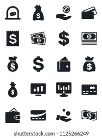 Set of vector isolated black icon - credit card vector, ticket office, dollar sign, money bag, statistic monitor, cash, receipt, wallet, investment