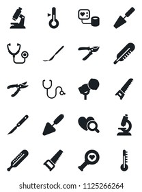 Set of vector isolated black icon - trowel vector, pruner, saw, stethoscope, blood pressure, thermometer, heart diagnostic, microscope, scalpel, microphone