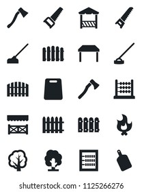 Set of vector isolated black icon - fence vector, tree, saw, fire, hoe, axe, abacus, table, alcove, cutting board
