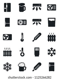 Set of vector isolated black icon - thermometer vector, heater, air conditioner, fridge, drink, beer, snowflake